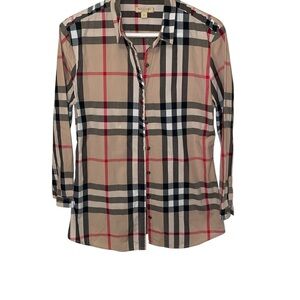 Burberry Plaid Button-Up Shirt - Beige, Black & Red